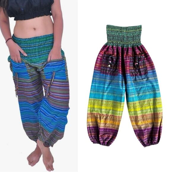 EUC High Waisted Colorful Cotton Ombre Stripe Boho Hippie Granola Girl Pants XS - Picture 1 of 12